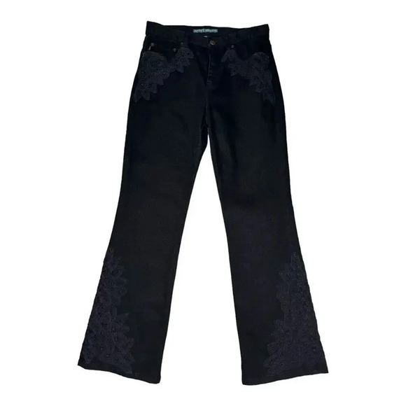 Ralph Lauren Women's Black Bootcut Jeans Size 6‎ Petite High Rise Lace Applique - Picture 1 of 5